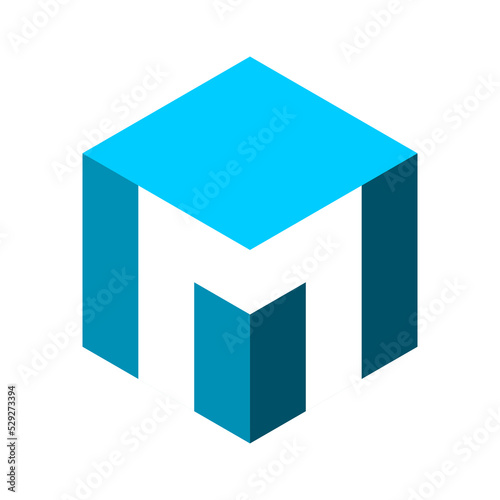 Letter M cube logo. 3D box with letter M. Blue block shape with white alphabet symbol. Media and technology concept. Isometric square object. Mail box logotype template. Vector illustration, clip art