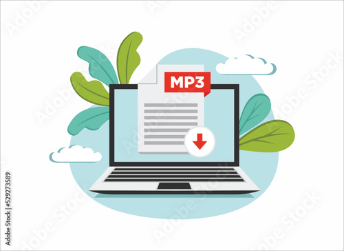 Download MP3 icon file with label on laptop screen. Downloading document concept