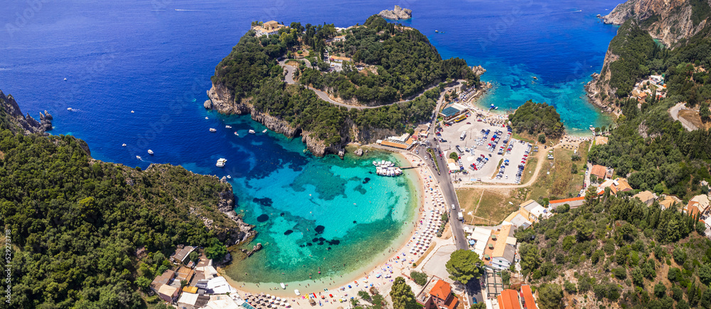 Greece. Corfu island best beaches. Stunning Paleokastritsa bay with turquoise sea. Aerial drone view