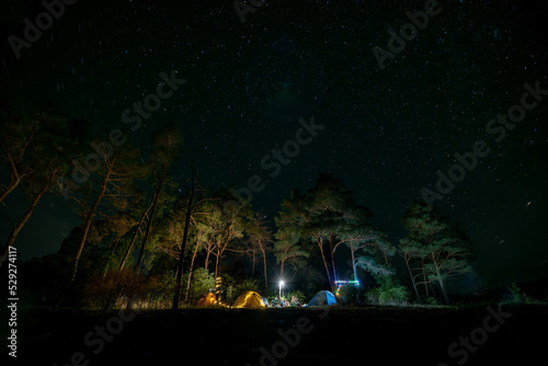 Camping in forest at night. garlands, light bulbs shine between trees and tents, people sitting opposite each other near illuminated tents under beautiful evening starry sky and Milky way