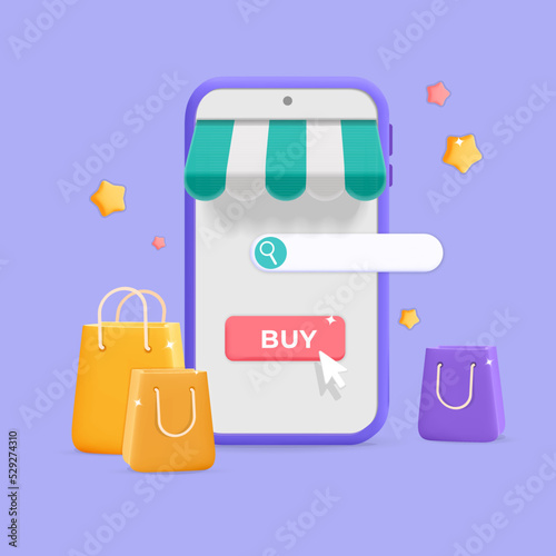 3d vector realistic render online store with smartphone on  Mobile Application icon design. Online shopping bags, search and buy in internet symbols. Buy button. Digital marketing and business.