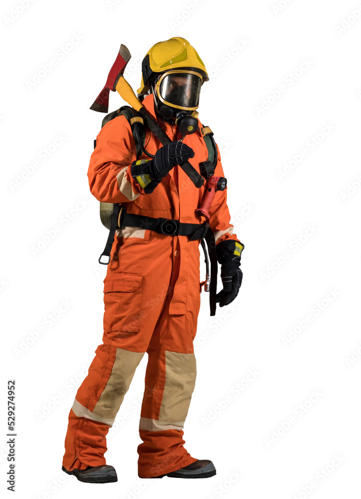 Fireman with a mask and equipment on his back in a fully protective suit on a white background Fireman with a mask and equipment on his back in a fully protective suit on a white background