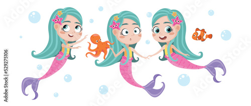 Vector illustration of cute and beautiful mermaids on white background. Charming fabulous characters in different poses swim with octopus, fish and starfish and bubbles around in cartoon style.