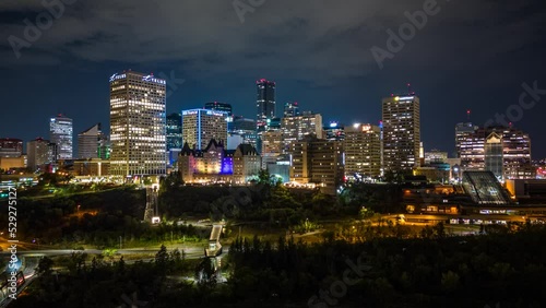 Drone hyperlapse towards buildings in downtown Edmonton 
