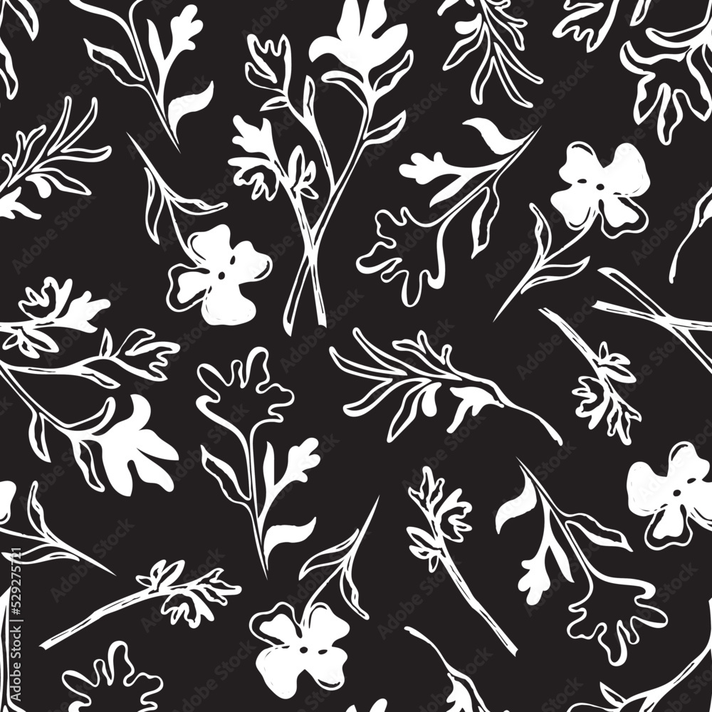 seamless pattern of white outline doodle drawing flowers. white flowers on a black background. Vector modern art illustration for printing on wallpaper, fabric, cover, template. seamless pattern of white outline doodle drawing flowers. white flowers on a black background. Vector modern art illustration for printing on wallpaper, fabric, cover, template.