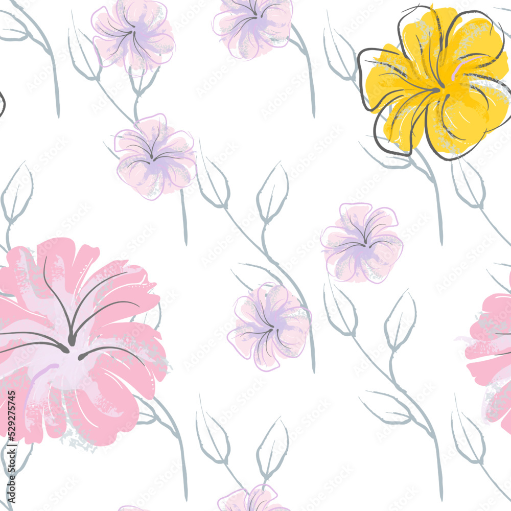Pink Flowers Blooming Pattern. Pastel Watercolor. Pink Flowers Blooming Pattern. Pastel Watercolor.