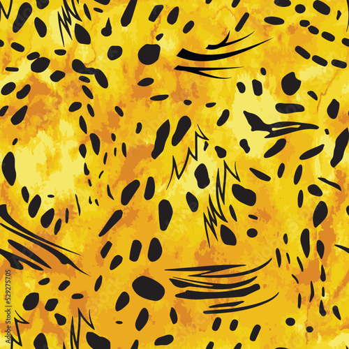 Seamless pattern Tiger  Leopard  safari in Africa. Pattern of animal skins Black on a orange watercolor Background. Mix animal in vector print design for fashion  fabric and paper