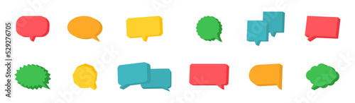 3d speech bubble set. Comment color geometric balloon. Chat message icon. Social media banner. Dialog frame. Speak tag. Cloud quite sign. Business communication. Talk idea. Vector illustration