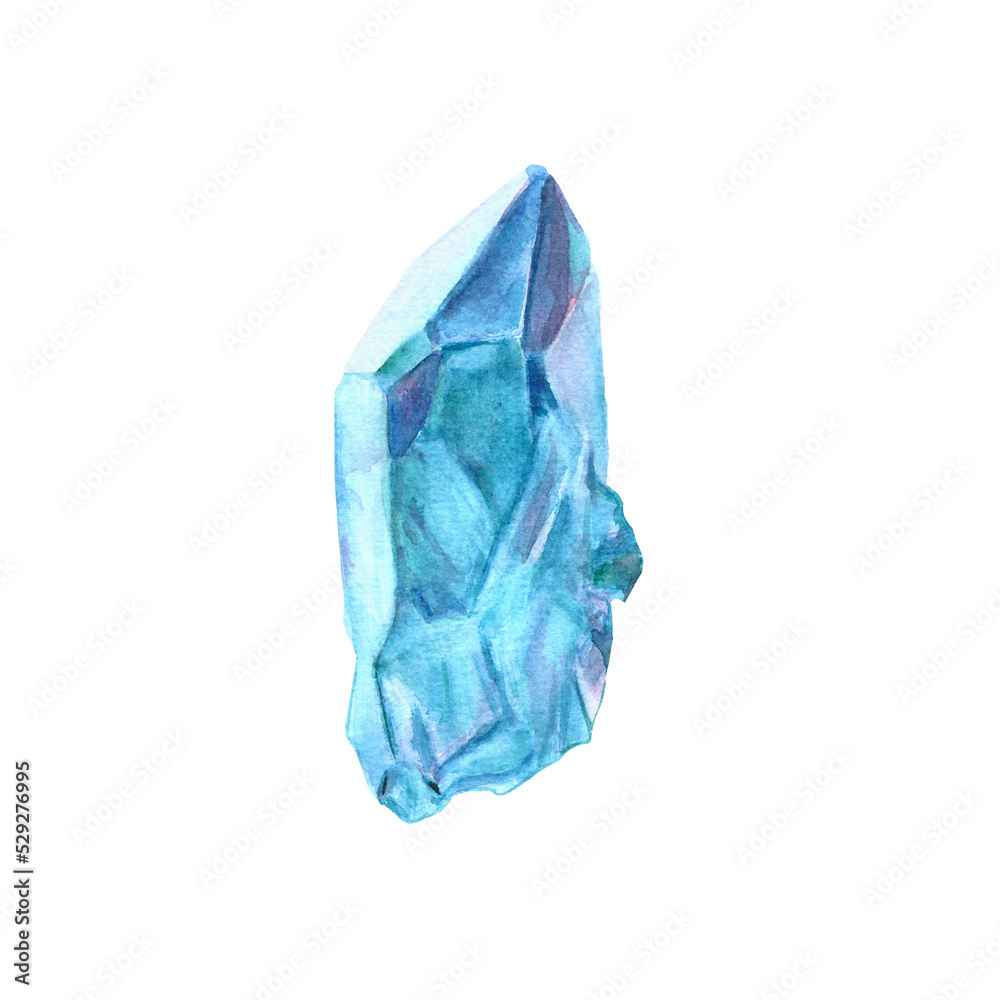 Watercolor blue crystal isolated on white background. Illustration for label, tag, mystic prints.