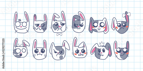 Cute Kawai rabbits. Different expression muzzles bunnies in doodle style. Angry, cheerful, joyful, happy, sick, love, suspicious, playful, laughing kawaii hare