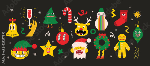 Merry Christmas and Happy New Year 2023. Vector trendy abstract illustrations of holiday card with santa claus, deer, crazy geometric shapes, christmas tree and wreath for poster.