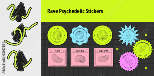 Set of rave psychedelic stickers. Flat vector illustration with 3d wireframe models, brutalism forms, acid stickers. Concept techno style 90s.