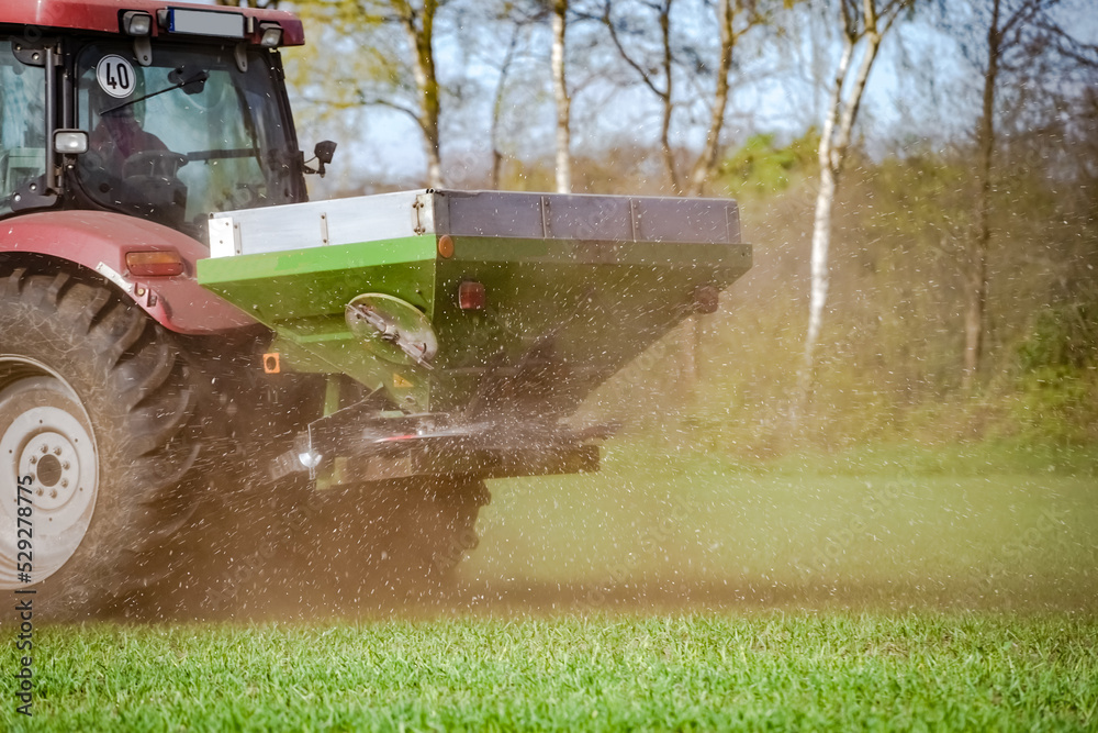 Fototapeta premium Ausbringen von Mineraldünger, durch einen Düngerstreuer.