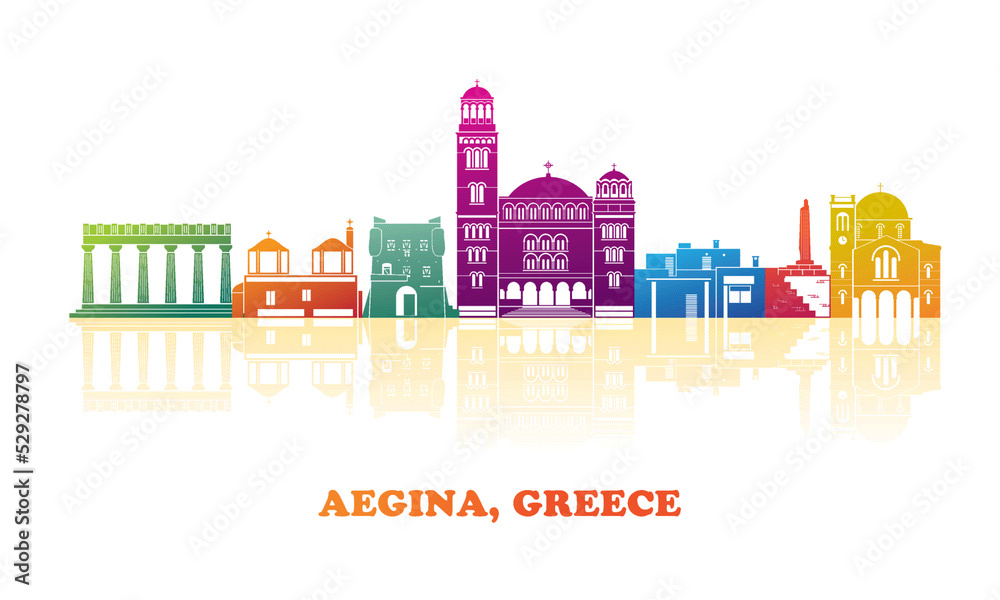Colourfull Skyline panorama of Aegina Island, Greece - vector illustration
