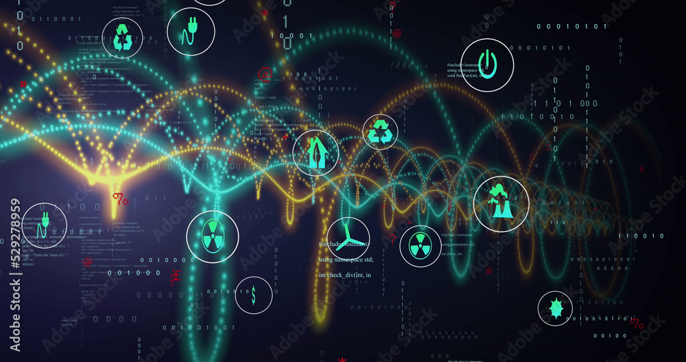 Image of computer icons with colorful spiral patterns and programming data Image of computer icons with colorful spiral patterns and programming data