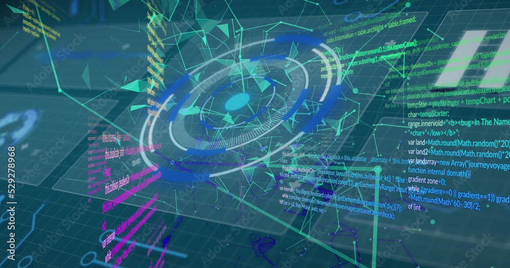 Image of digital interface screens with circle, dots connecting with ...