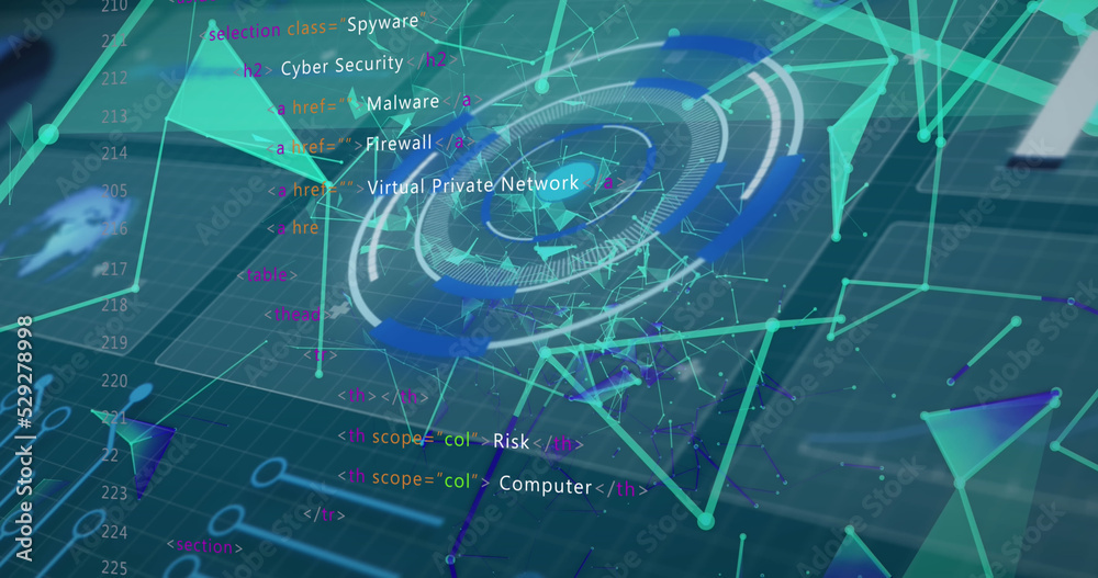 Obraz premium Image of digital circles, dots connected with lines and programming codes on interface screens