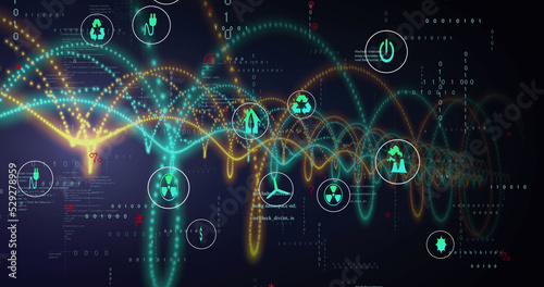 Image of computer icons with colorful spiral patterns and programming data