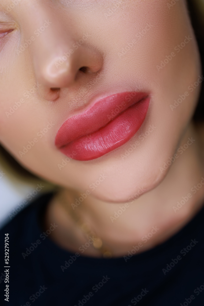 close-up of the lips of a beautiful girl model with the work done on the permanent make-up of the lips close-up of the lips of a beautiful girl model with the work done on the permanent make-up of the lips
