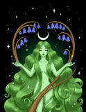 Young goddess with green hair, personification of Mother Nature. Fantasy vector illustration