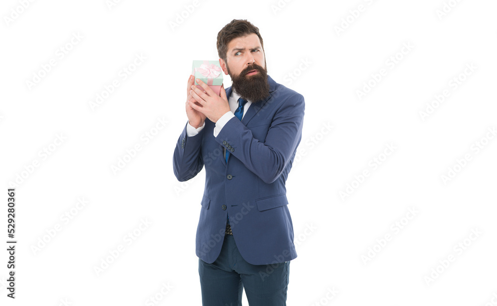 curious man. success and reward. boxing day. Delivery company business. bearded man hold valentines present. happy birthday shopping. businessman in formal suit on party. interested about gift curious man. success and reward. boxing day. Delivery company business. bearded man hold valentines present. happy birthday shopping. businessman in formal suit on party. interested about gift