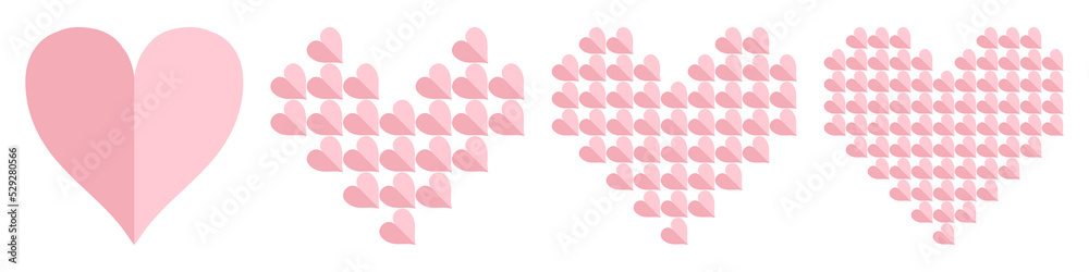 Heart of small hearts set. 3d paper hearts. Hearts shape. Signs and symbols.
