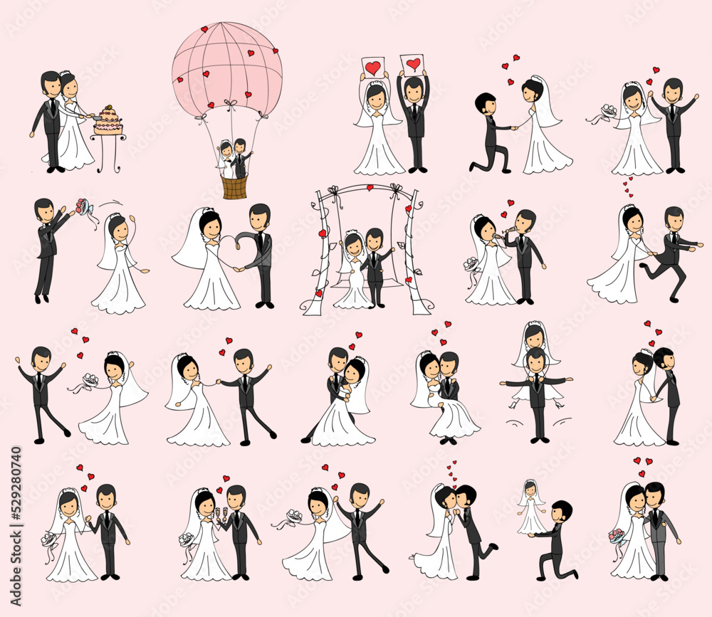 Wedding doodle couple in love. Vector illustration for greeting card, invitation and banner