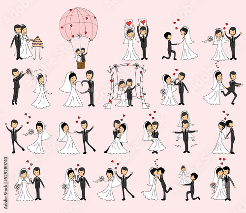 Wedding doodle couple in love. Vector illustration for greeting card, invitation and banner