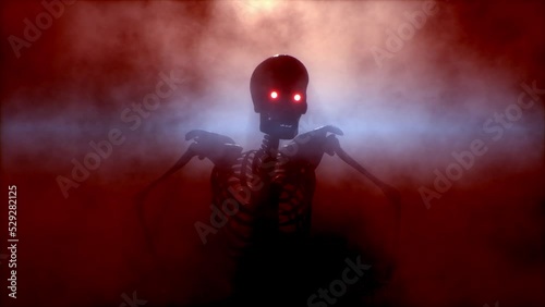 Scary skeleton with glowing eyes is crawling in the fog right at you. Halloween concept.