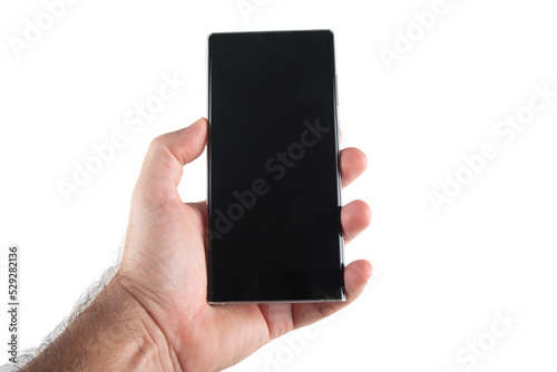 Hand holding cellphone with black screen PNG