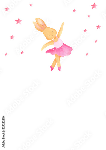 Little Ballerina - Watercolor A4 PNG poster with balloons, bunny, unicorn, pink roses and magic ballet © Natali
