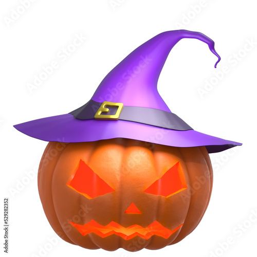Halloween pumpkin in a purple witch hat with scary smile and glowing eyes isolated on white background. Happy Halloween background with cartoon Jack O Lantern. 3d render with clipping path.