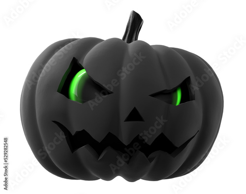 Black evil pumpkin with scary smile and green eyes isolated on white background. Happy Halloween background with cartoon Jack O Lantern. 3d render with clipping path.