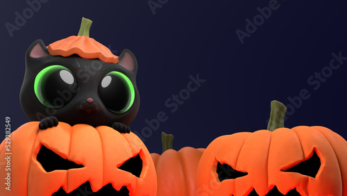 Сute cartoon black cat in a pumpkin hat sits on pumpkin. Happy Halloween background with copy space for cover, content, greeting card, banner, sticker. Kawaii kitten with big green eyes. 3d render.
