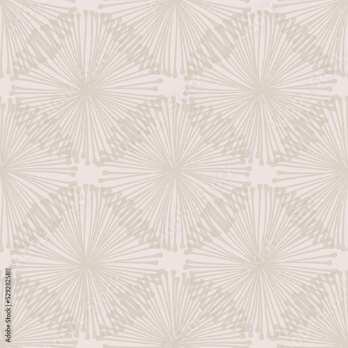 Circle texture with radial stripes. Starburst with hand-drawn lines. Light beige seamless pattern with regular shapes. For wrapping, fabric, wallpaper or cards.