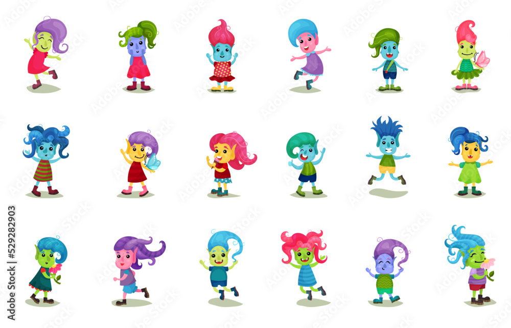 Cute Troll Characters with Different Skin and Hair Color Big Vector Set Cute Troll Characters with Different Skin and Hair Color Big Vector Set