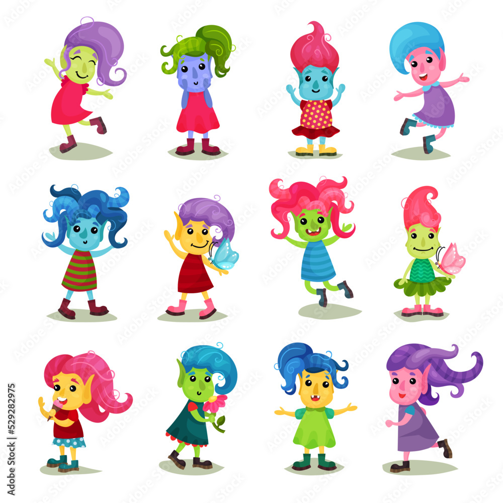 Cute Girl Troll Character with Different Skin and Hair Color Vector Set