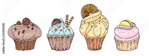 Set of colorful cupcakes with different toppings isolated on white background. Muffin with orange, cookie, chocolate, macaroons
