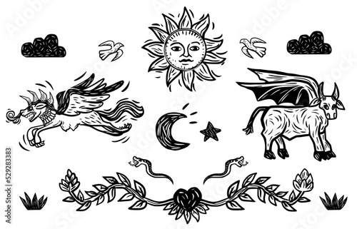 Beings and symbols of the Armorial movement. Separate elements in vector, in woodcut style.