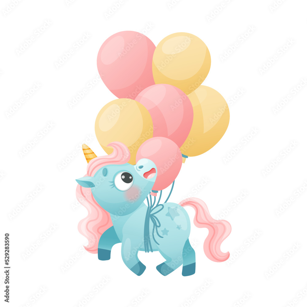 Cute Unicorn with Twisted Horn and Mane Flying with Bunch of Balloons Vector Illustration Cute Unicorn with Twisted Horn and Mane Flying with Bunch of Balloons Vector Illustration