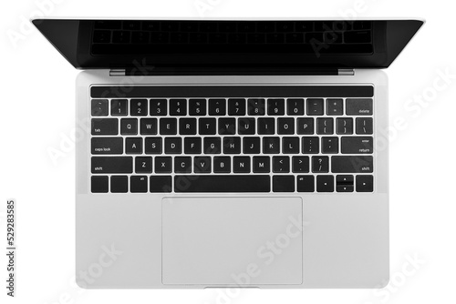 Top view of Isolated modern laptop. Png file with transparent background.