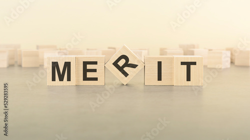 Fototapeta Naklejka Na Ścianę i Meble -  five wooden blocks with the letters MERIT on the surface table