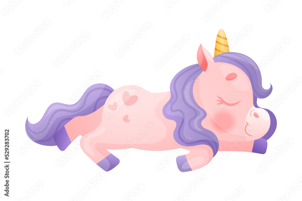 Cute Unicorn with Twisted Horn and Purple Mane Lying and Sleeping Vector Illustration