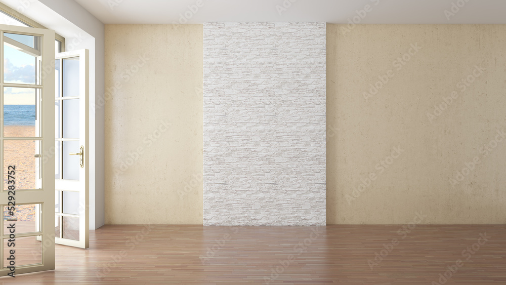 Fototapeta premium Sunny Hotel Room with Sea View. Interior with Open Doors Overlooking the Beach, Yellow Sand and Clouds. Light Parquet, Beige Stucco Wall with Brickwork in the Center. 3d render, 7680x4320, 300 dpi