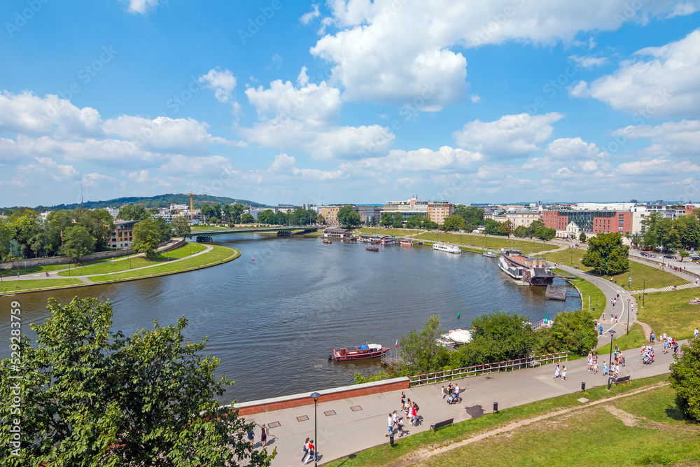 Fototapeta premium Aerial view from The Wawel Royal Castle. A castle residency located in central Krakow. Wawel Royal Castle and the Wawel Hill constitute the most historically and culturally important site in Poland.