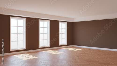 Corner of the Sunny Interior with Brown Walls  Three Large Windows  White Ceiling and Cornice  Glossy Herringbone Parquet Flooring and a White Plinth. 3D illustration. Ultra HD 8K 7680x4320  300 dpi