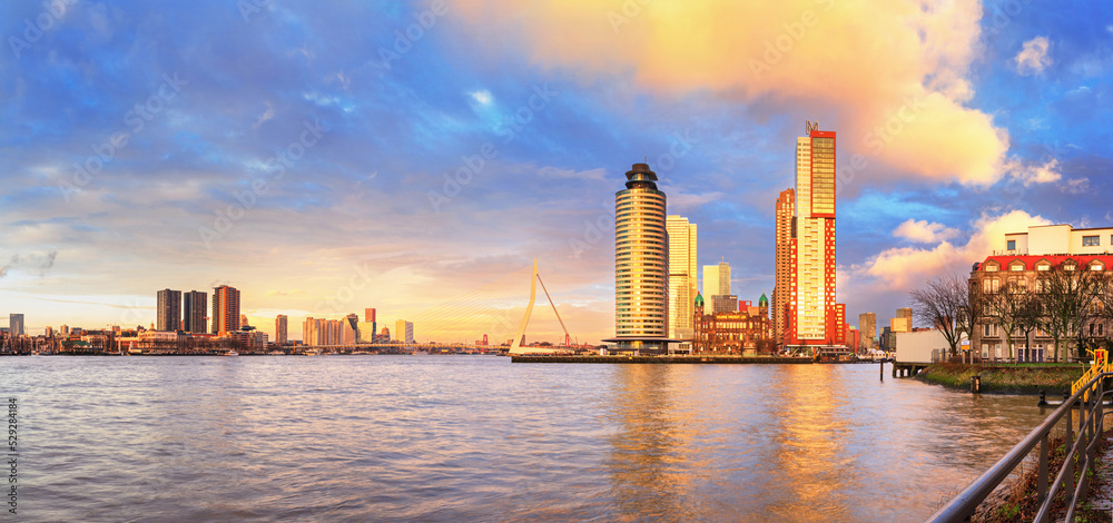 Fototapeta premium Cityscape, panorama, banner - view of Rotterdam with Tower blocks in the Kop van Zuid neighbourhood and Erasmus Bridge, The Netherlands