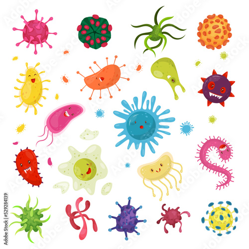 Cartoon Bacteria and Virus Character with Funny Faces Big Vector Set