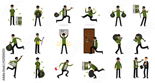Masked Thief Stealing Money Committing Robbery and Theft Big Vector Set