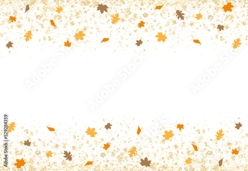 A gold glitter confetti border with fall leaves on white
